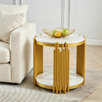 2-Tier Faux Marble End Table with Storge, Round End Table with Gold Metal Frame, Mid Century Modern Couch Sofa Side Tables Bedside Tables for Living Room Bedroom, Circular White Nightstand