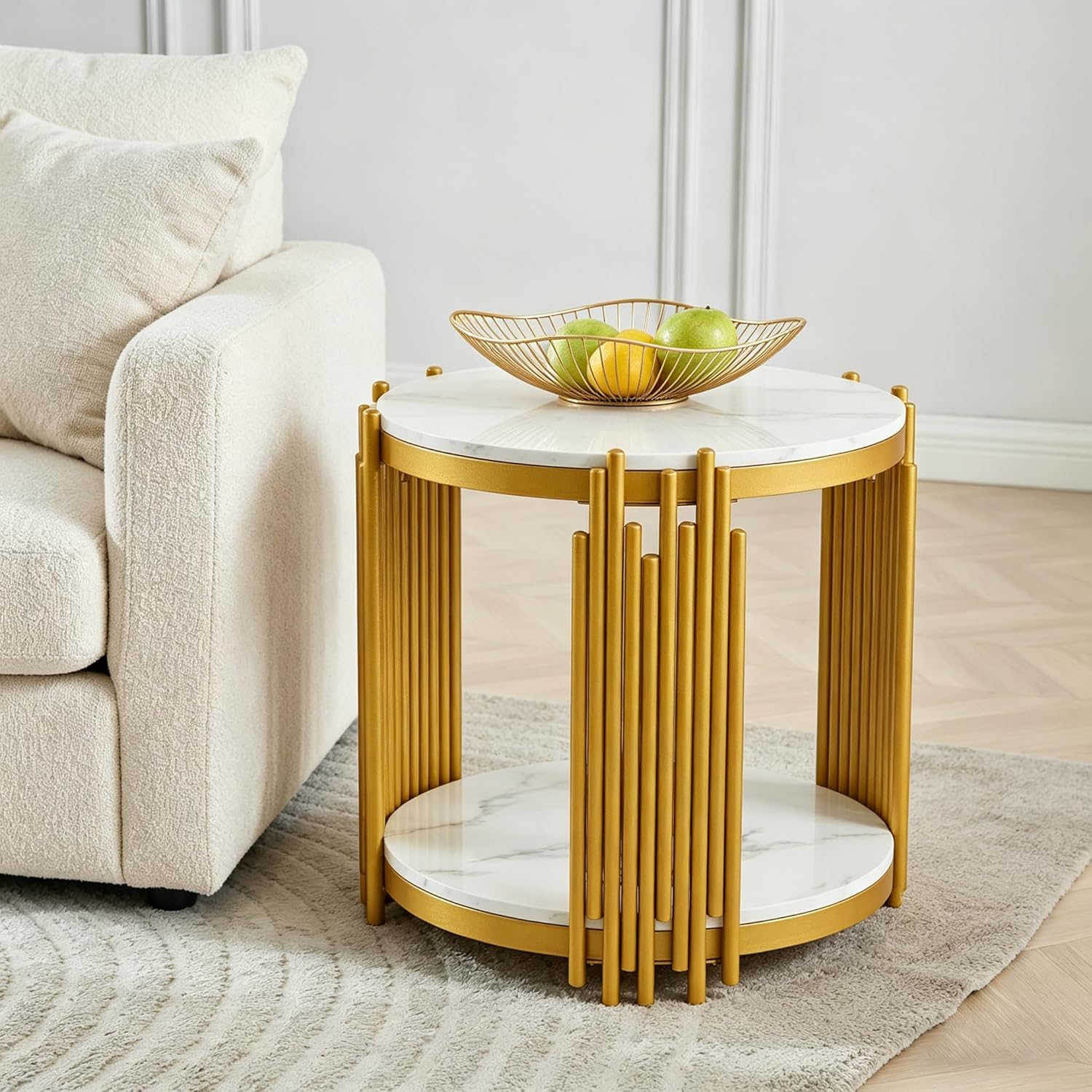 2-Tier Faux Marble End Table with Storge, Round End Table with Gold Metal Frame, Mid Century Modern Couch Sofa Side Tables Bedside Tables for Living Room Bedroom, Circular White Nightstand