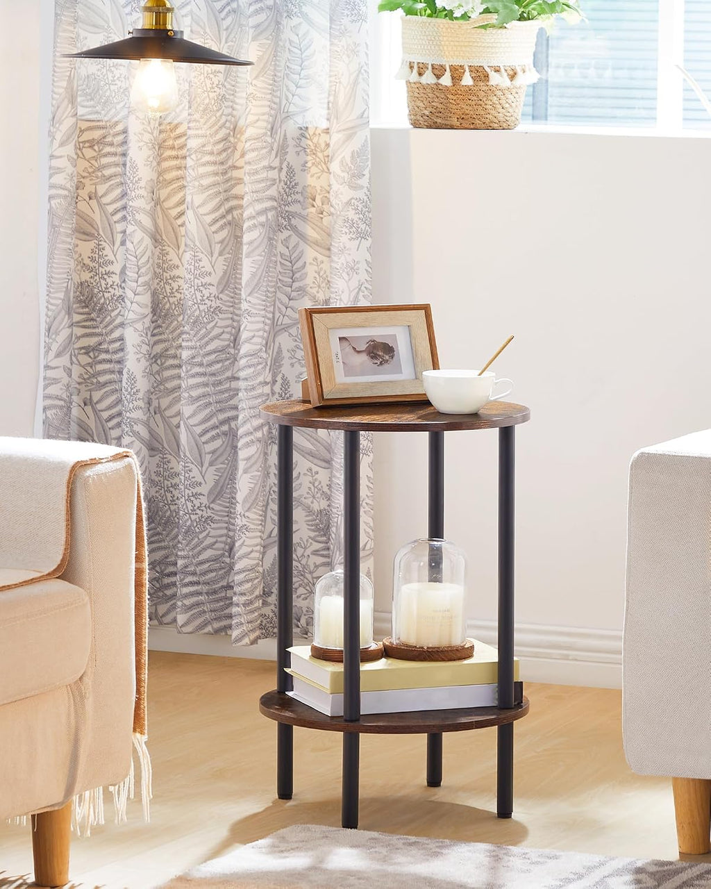 CHOEZON Round Side Table, 2-Tier End Table, Small Round Nightstand, Mini Fridge Stand with Power Outlet, Large Side Table with Fabric Drawer for Dorm, Kitchen, Living Room TBZ01BF-TBZ56UBF