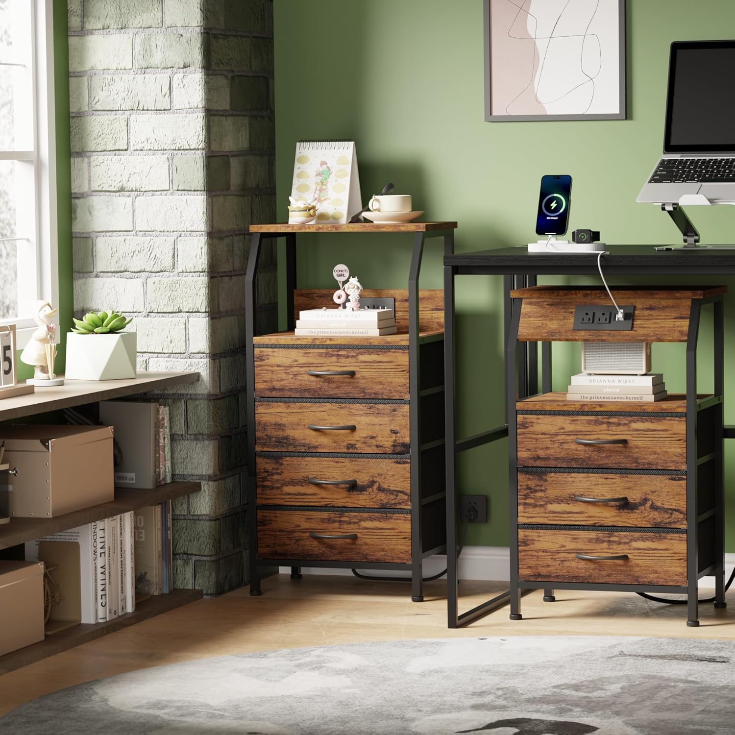 Furnulem Night Stand with Charging Station, 3 Fabric Drawers Bedside Table | Rustic Brown Dorm Nightstand For Bedroom, 28.3 Inch Tall, Usb Ports & Outlets, Side Table with Storage Shelf, 3 Ways to Use
