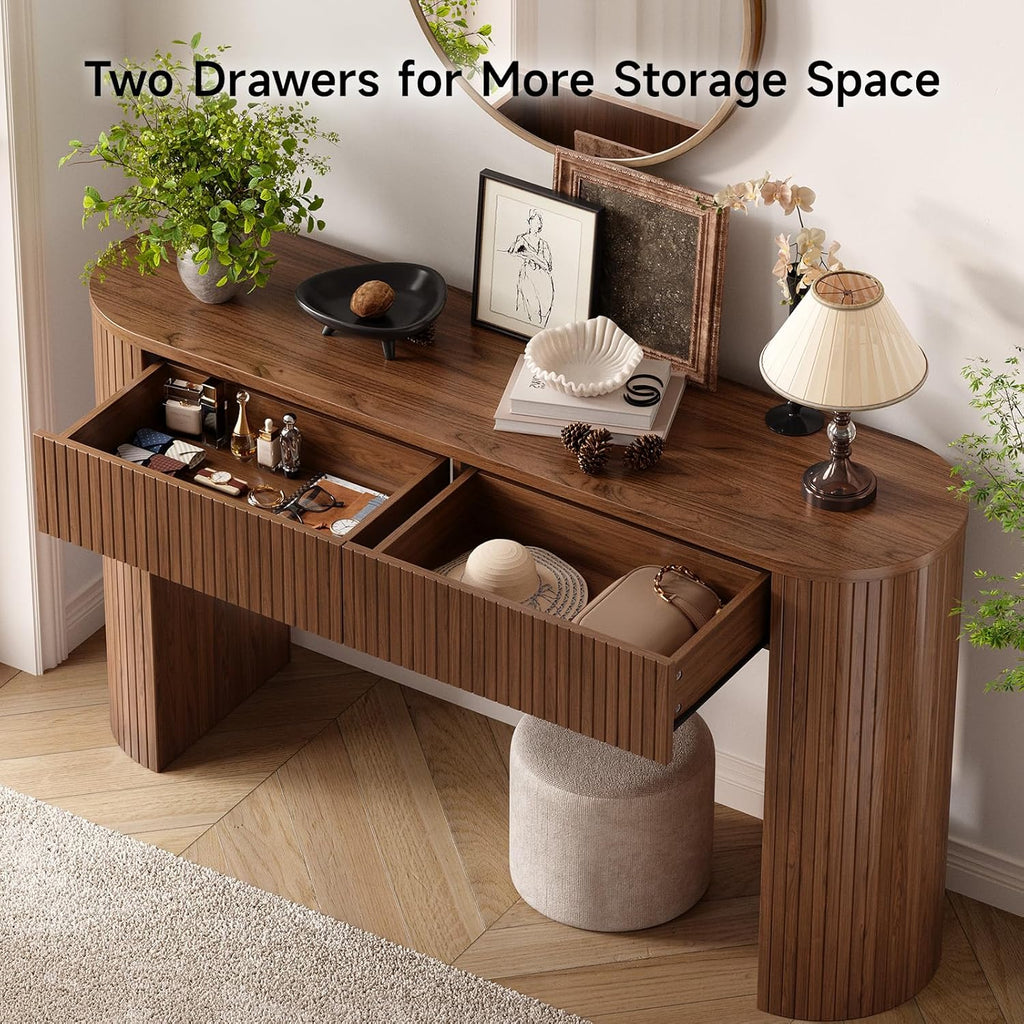 55 Inch Console Table with 2 Drawers, Fluted Entryway Tables with Storage, Sofa Table Behind The Couch, Hallway Tables, Mid-Century Modern Foyer Table for Entryway, Hallway, Living Room, Walnut