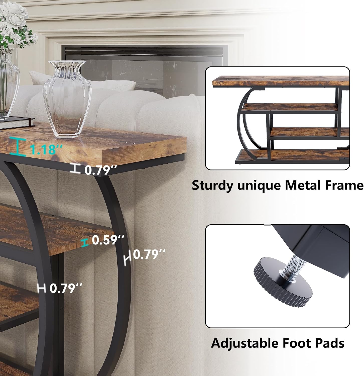 63" Narrow Console Table with Storage, 4-Tier Sofa Table Behind Couch, Industrial Entryway Accent Table with Metal Frame for Living Room, Hallway, Foyer