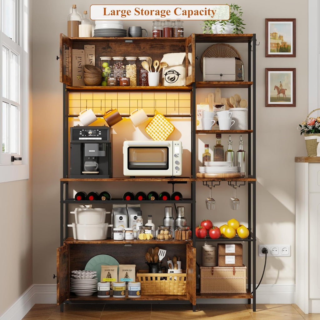 67 in Tall Bakers Rack with Power Outlet & LED Light, Coffee Bar Cabinet with 2 Cabinets, 47.2 in Kitchen Microwave Stand with Shelves Glass Holder and Wine Basket, Mesh Shelves Drainage net