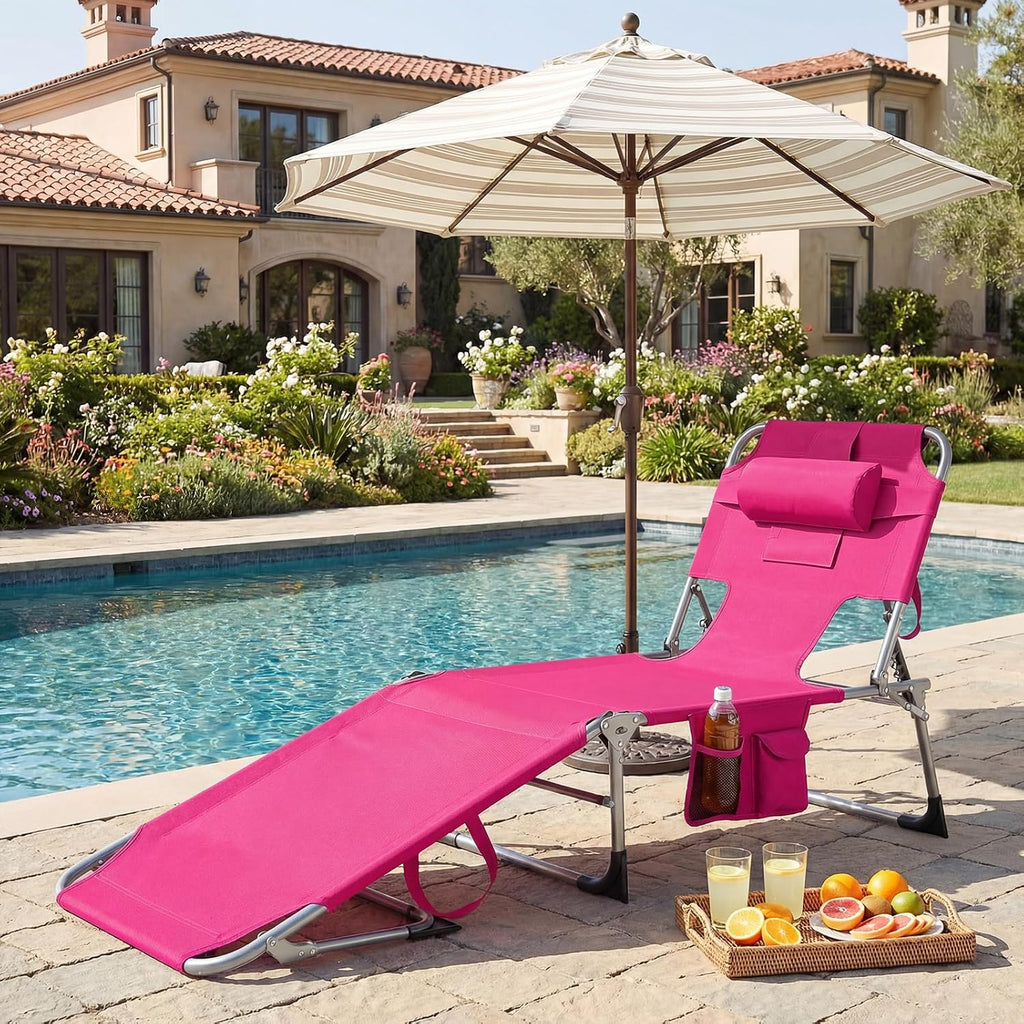 LDAILY Tanning Chair, Portable Sun Bathing Beach Chairs with Face Hole, Arm Cutouts & Storage Pocket, Lounge Chair Outdoor with 4 Adjustable Positions for Patio, Poolside, Lawn, Camping (Pink)