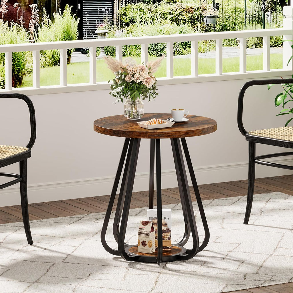 Tribesigns Small Round Side Table, 2-Tier Sofa End Table with Metal Frame and Lower Shelf, Wooden Bedside Nightstand for Small Spaces, Living Room, Bedroom, Vintage Brown & Black