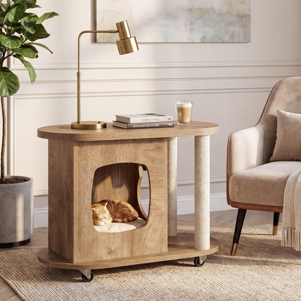 Tribesigns End Table, Sofa Side Table with Scratching Posts and Cat Bed | Oval, 360° Swivel Caster Wheels, Multifunctional Design, for Bedroom Living Room, White and Brown