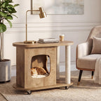 Tribesigns End Table, Sofa Side Table with Scratching Posts and Cat Bed | Oval, 360° Swivel Caster Wheels, Multifunctional Design, for Bedroom Living Room, White and Brown