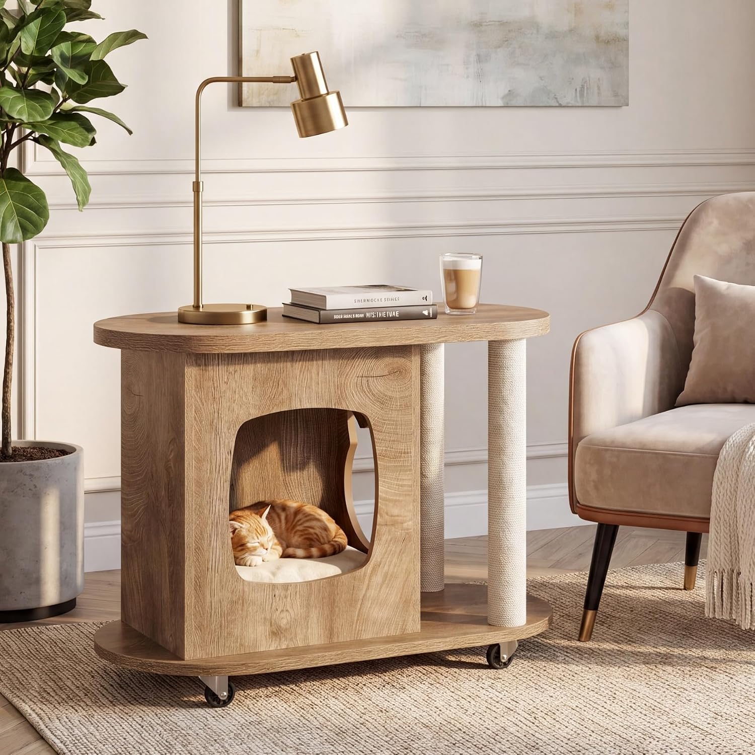 Tribesigns End Table, Sofa Side Table with Scratching Posts and Cat Bed | Oval, 360° Swivel Caster Wheels, Multifunctional Design, for Bedroom Living Room, White and Brown