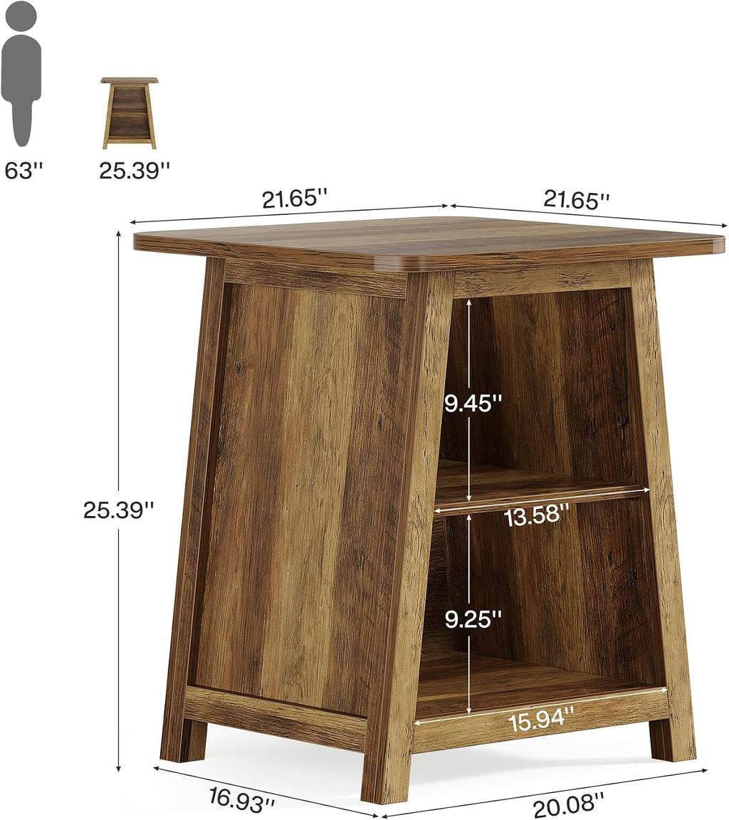 Tribesigns 3-Tier Rustic Farmhouse Wooden End Table with Open Storage Shelves, Trapezoid Angled Leg Side Table for Living Room, Small Space Friendly Sofa Side Table