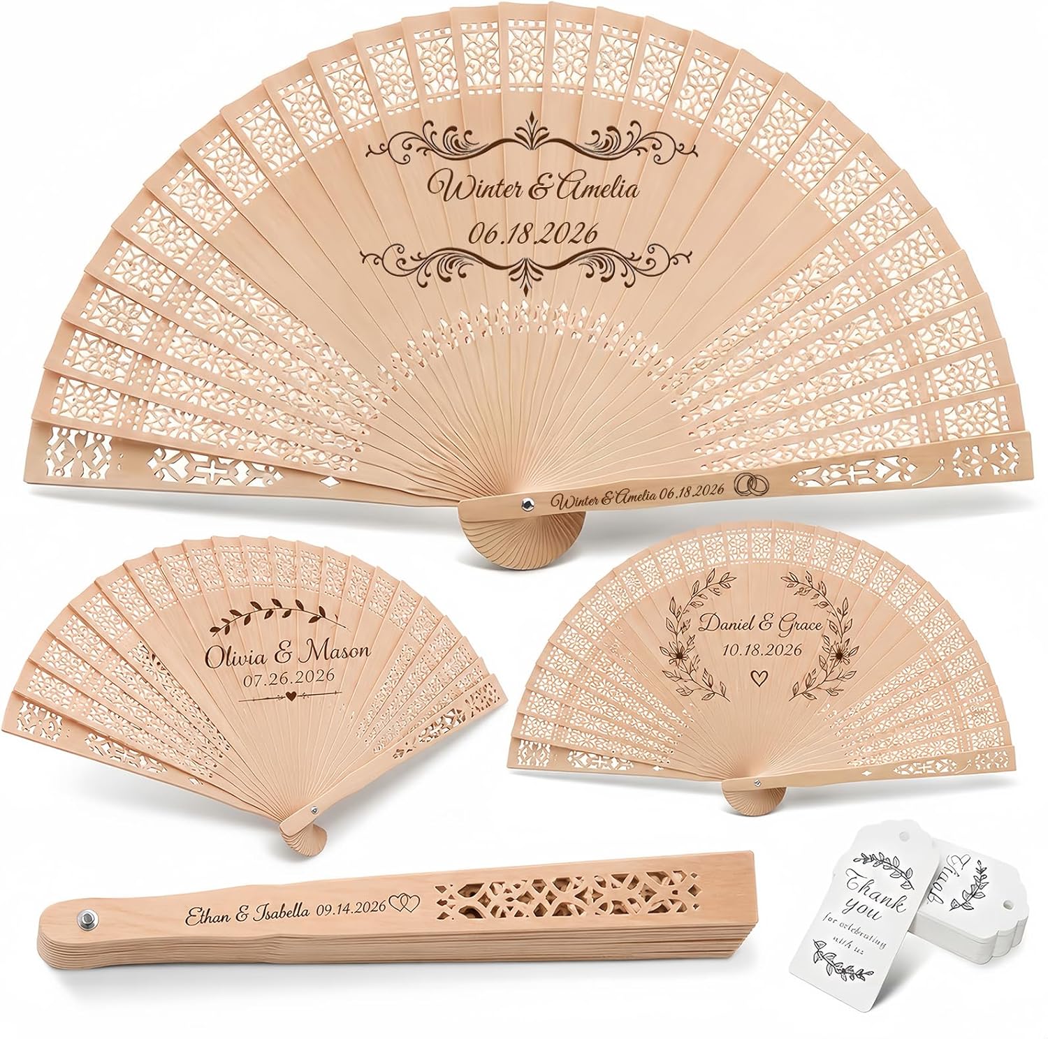 Personalized Wedding Fans for Guests Bulk– Custom Wooden Handheld Folding Fans for Wedding Favors, Baby Showers & Birthday & Party Gifts | Favors for Guests with Organza Bags & Tassels (30Pcs)