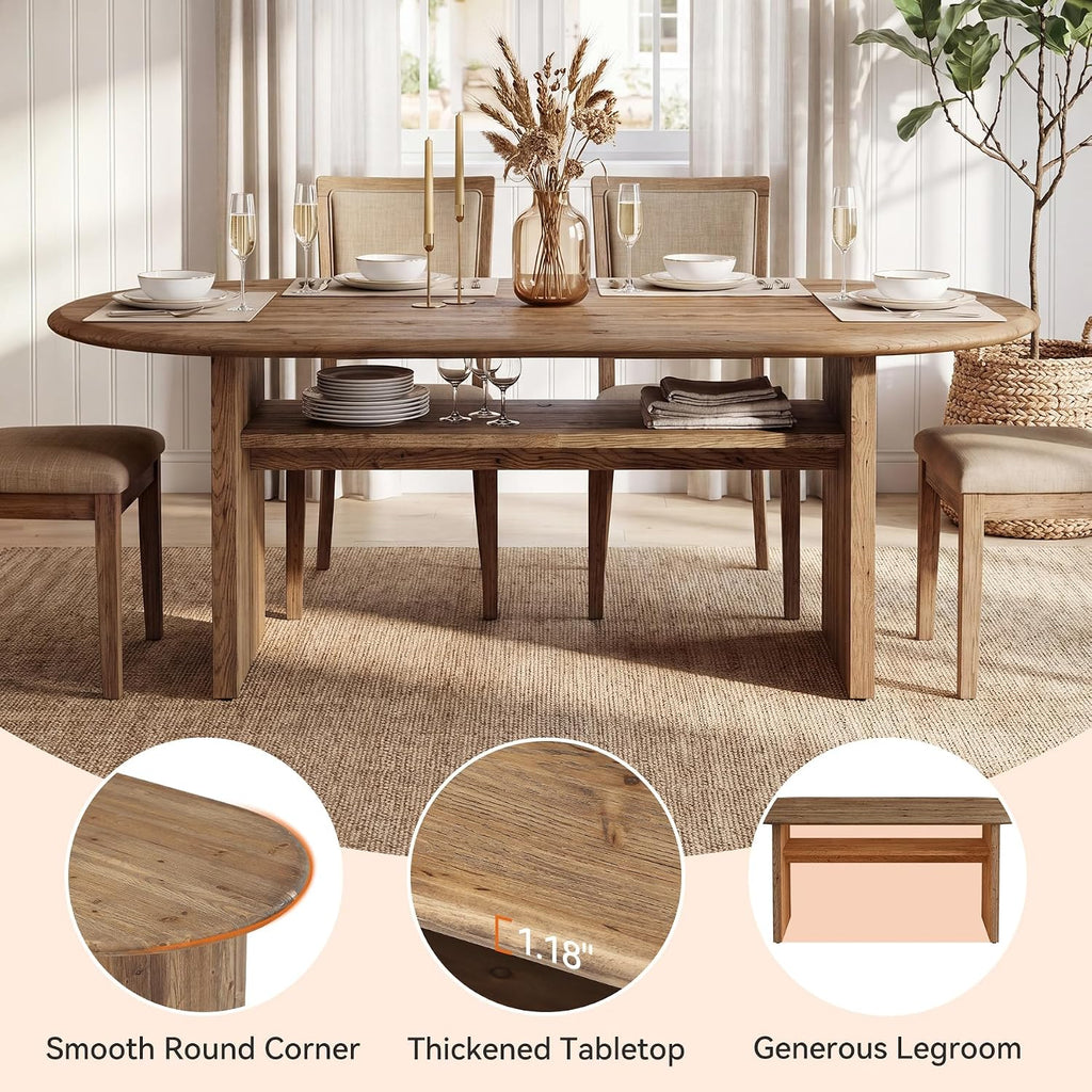 63" Oval Dining Table for 6, Farmhouse Solid Wood Kitchen Table with Storage for Dining Room, Living Room, Natural Wood