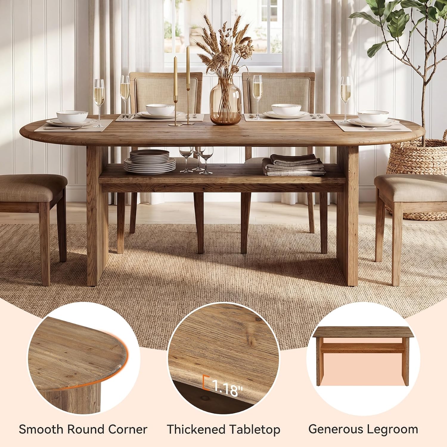 63" Oval Dining Table for 6, Farmhouse Solid Wood Kitchen Table with Storage for Dining Room, Living Room, Natural Wood