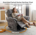 Oversized Glider Rocker Recliner, 26" Extra Wide 360° Swivel Nursery Recliner with Adjustable Headrest, Chenille Rocking Nursery Chair with Overstuffed Armrest, Lumbar Support, Dark Grey