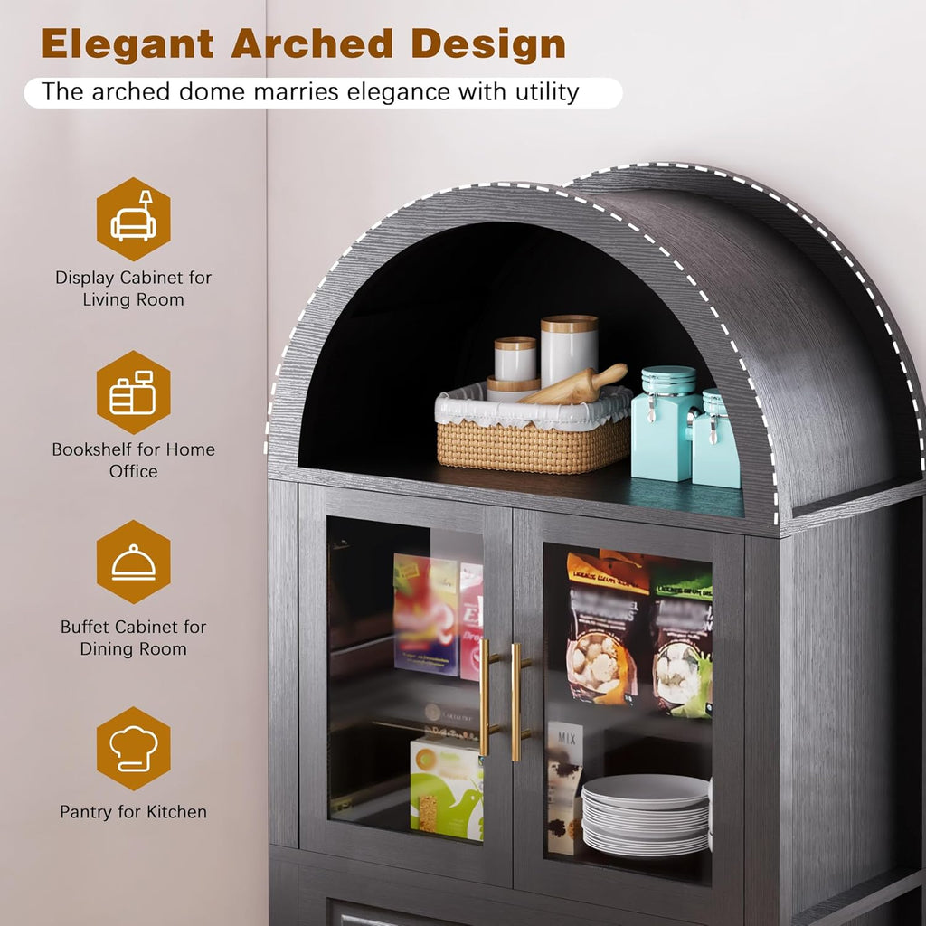 71" Tall Farmhouse Pantry Cabinet, Arched Glass Door Kitchen Storage Cabinet with Barn Door Design, Freestanding Buffet Cabinet with Adjustable Shelves for Kitchen,Living Room,Dining Room,Black