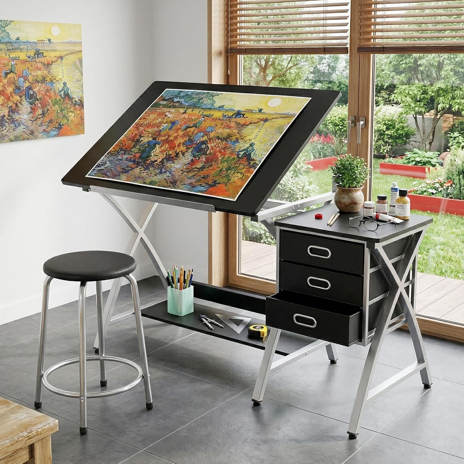 Garvee Tabletop Adjustable Drafting Table, Drawing Table for Adults, Drafting Desk Art Desk with Stool & 3 Storage Drawers, Modern Painting Studio Work Station for Home Office, 50.5 x 24 x 45 inch