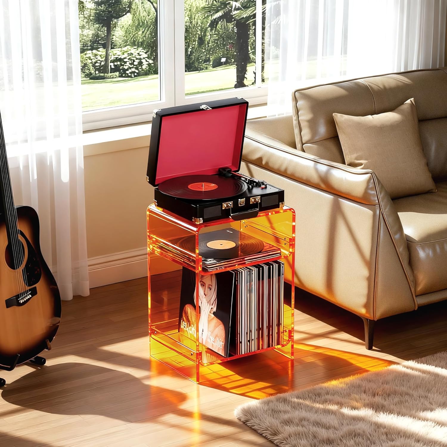 Acrylic Record Player Table with Storage Shelf, Clear Side Table Nightstand (Orange, Medium)