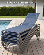 Outdoor Aluminum Textilene Chaise Lounge,2 Pieces Patio Lounge Chairs with Iron Side Table,6 Adjustable Positions, Stackable & Easy Assembly,400lbs Capacity,Breathable for Pool,Deck,Balcony,Navy Blue