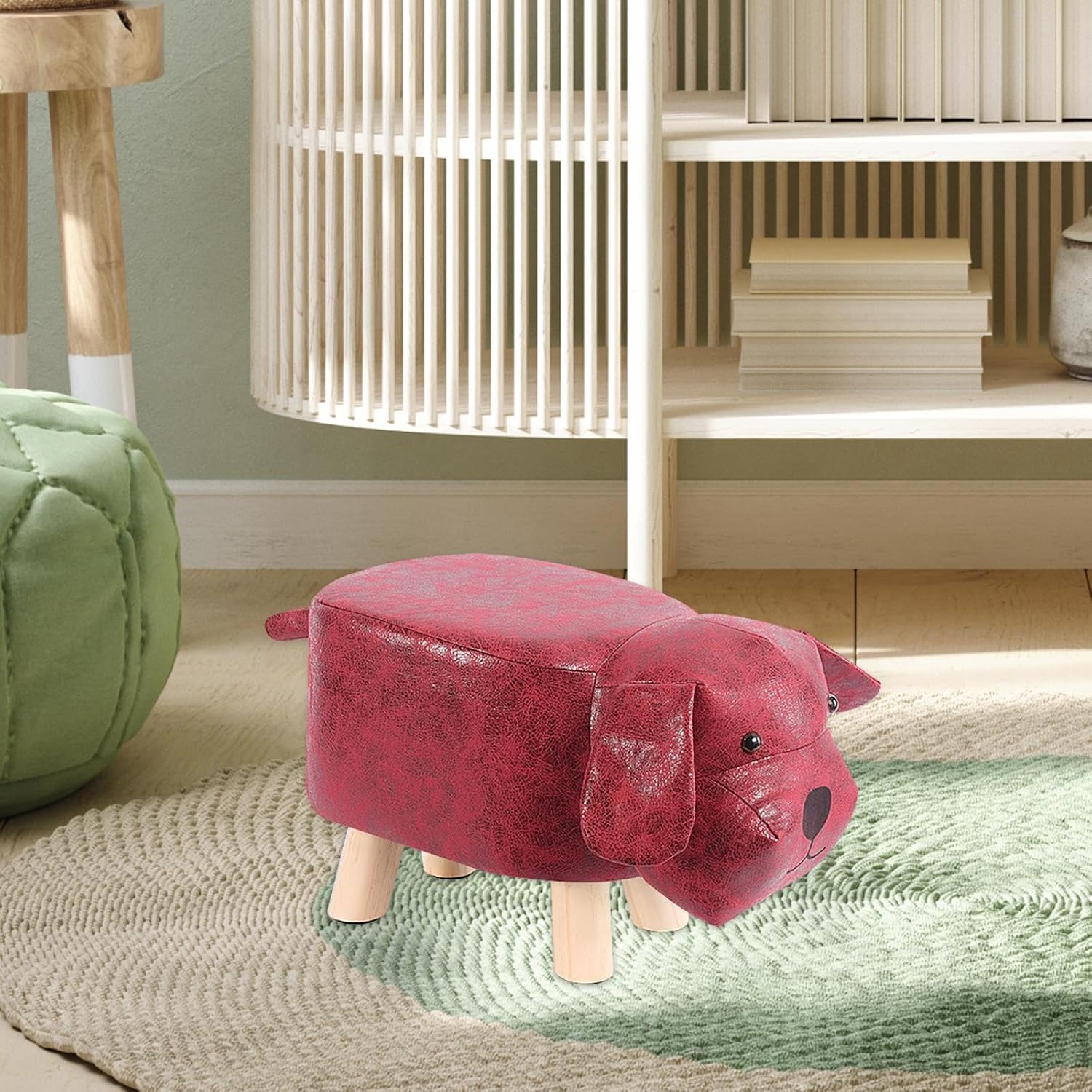 Cartoon Footstool Animal Shaped Padded Ottoman Upholstered Stool with Wooden Frame and Soft Sponge Cushion Suitable for Children Bedroom Playroom, Red