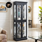 Lighted Curio Cabinet 71" Vintage Glass Display Case with Adjustable Shelves, 4 Tempered Glass Doors, Bulb Included, Wooden Square Wine Bar China Cabinet for Living Room Liquor Storage (Black)