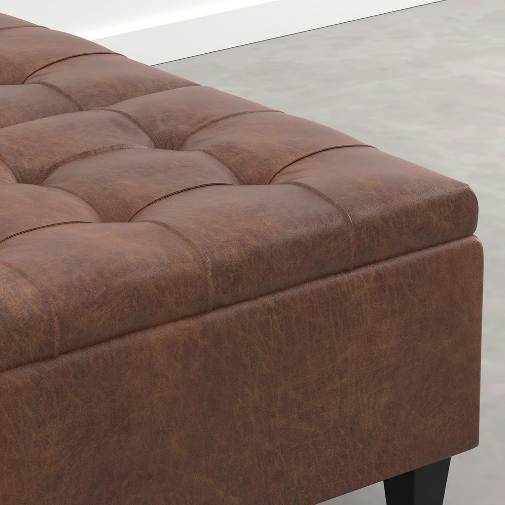 SIMPLIHOME Harrison Coffee Table Storage Ottoman - 36 inch Wide Upholstered Vegan Leather Square Lift-Top Ottoman in Distressed Pecan Brown, Transitional Ottoman for Living Room with Storage