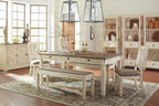 Signature Design by Ashley Bolanburg Casual French Country Upholstered Dining Room Bench with Nailhead Trim, Heavy Woven Fabric, Wood, Antique White & Tan
