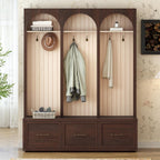 Merax Farmhouse Wood Hall Tree with Shoe Bench and 3 Drawers, 4-in-1 Coat Rack with 8 Hooks for Entrance, Hallway, Mudroom Dark Walnut