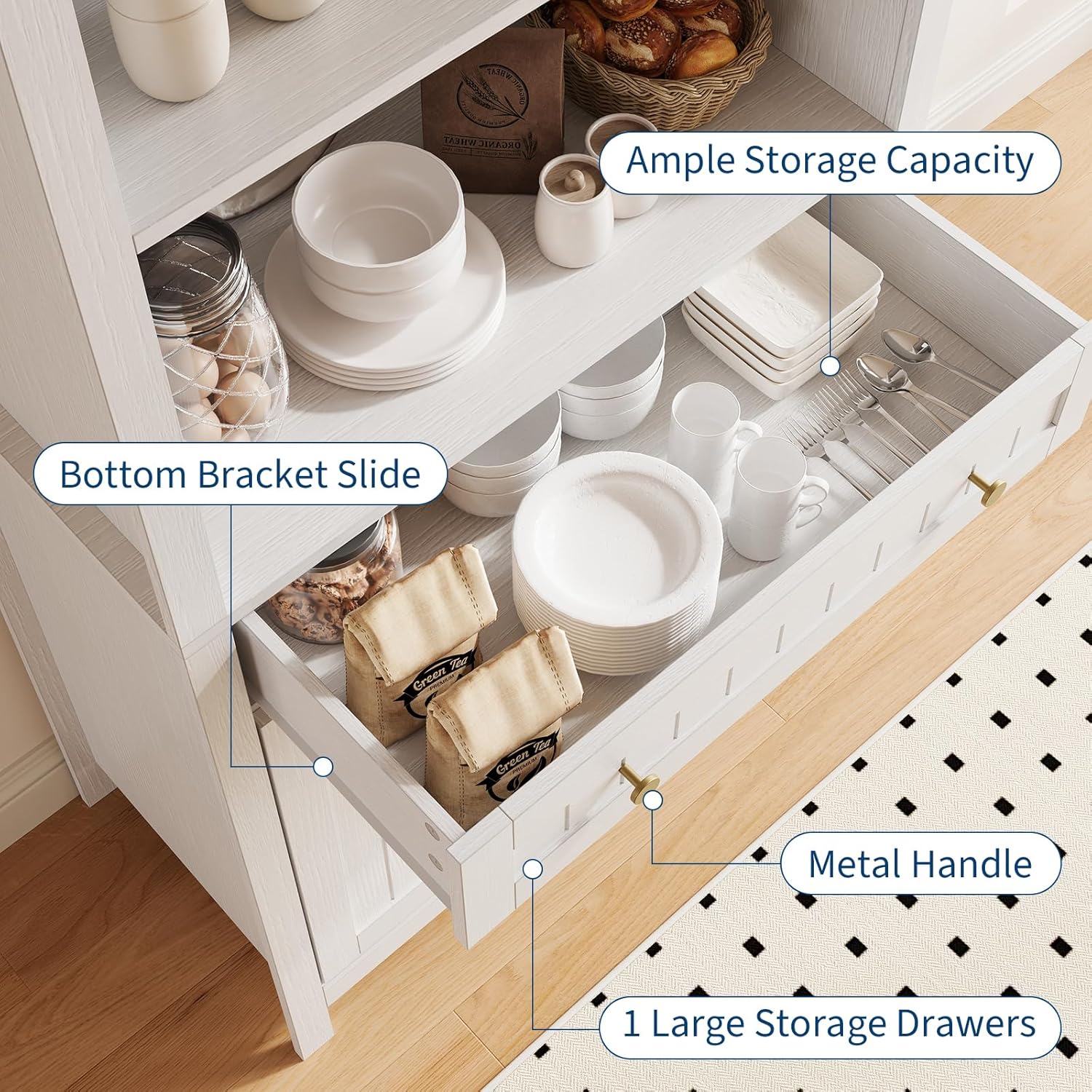 Modern Farmhouse Arched Pantry Cabinet 73" – Freestanding Tall Storage with Adjustable Shelves & Drawer – Accent Kitchen, Dining, Living or Bedroom Cupboard – Embossed White
