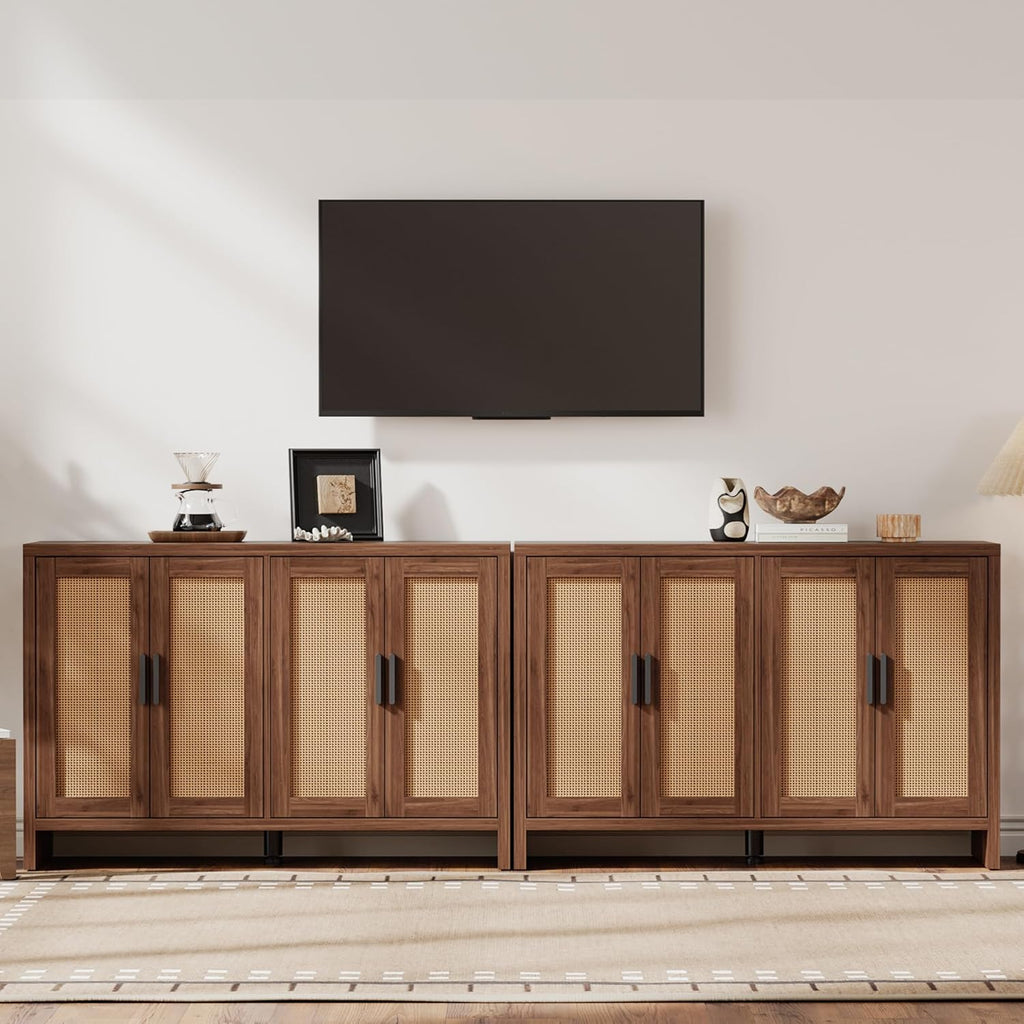 Mericonia Rattan Buffet Cabinet with Storage, Sideboard Cabinet with Doors and Adjustable Shelves, Farmhouse Coffee Bar Station Table, Modern Wood Cupboard for Kitchen, Livingroom, Walnut