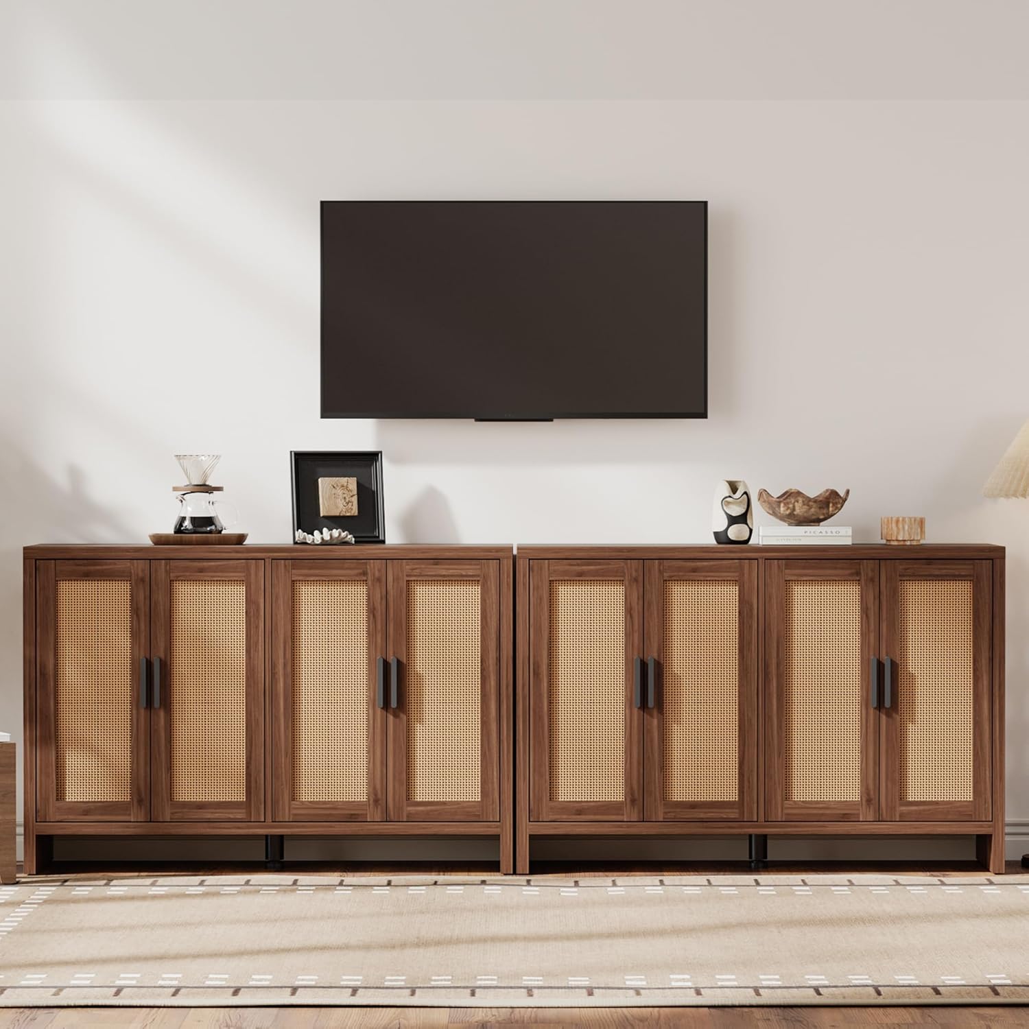 Mericonia Rattan Buffet Cabinet with Storage, Sideboard Cabinet with Doors and Adjustable Shelves, Farmhouse Coffee Bar Station Table, Modern Wood Cupboard for Kitchen, Livingroom, Walnut