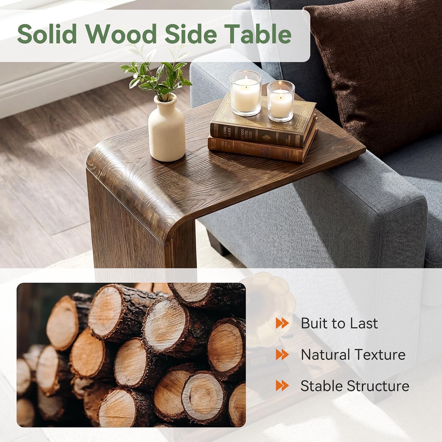C-Shaped Solid Wood End Table, Wooden Narrow Sofa Side Table for Couch, Living Room, Bedroom, Small Space, Easy Assembly (1 Pcs, Dark Brown)