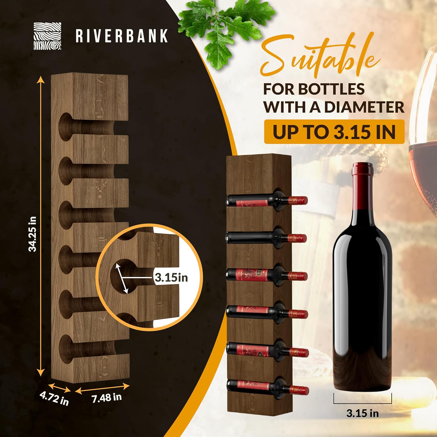 Riverbank Dark Oak Wine Rack, Elegant 6-Bottle Holder, Made of Solid Wood, Wall Mounted Wooden Wine Stand, Stylish & Luxurious Home Décor (Dark Oak, 6-Bottles)