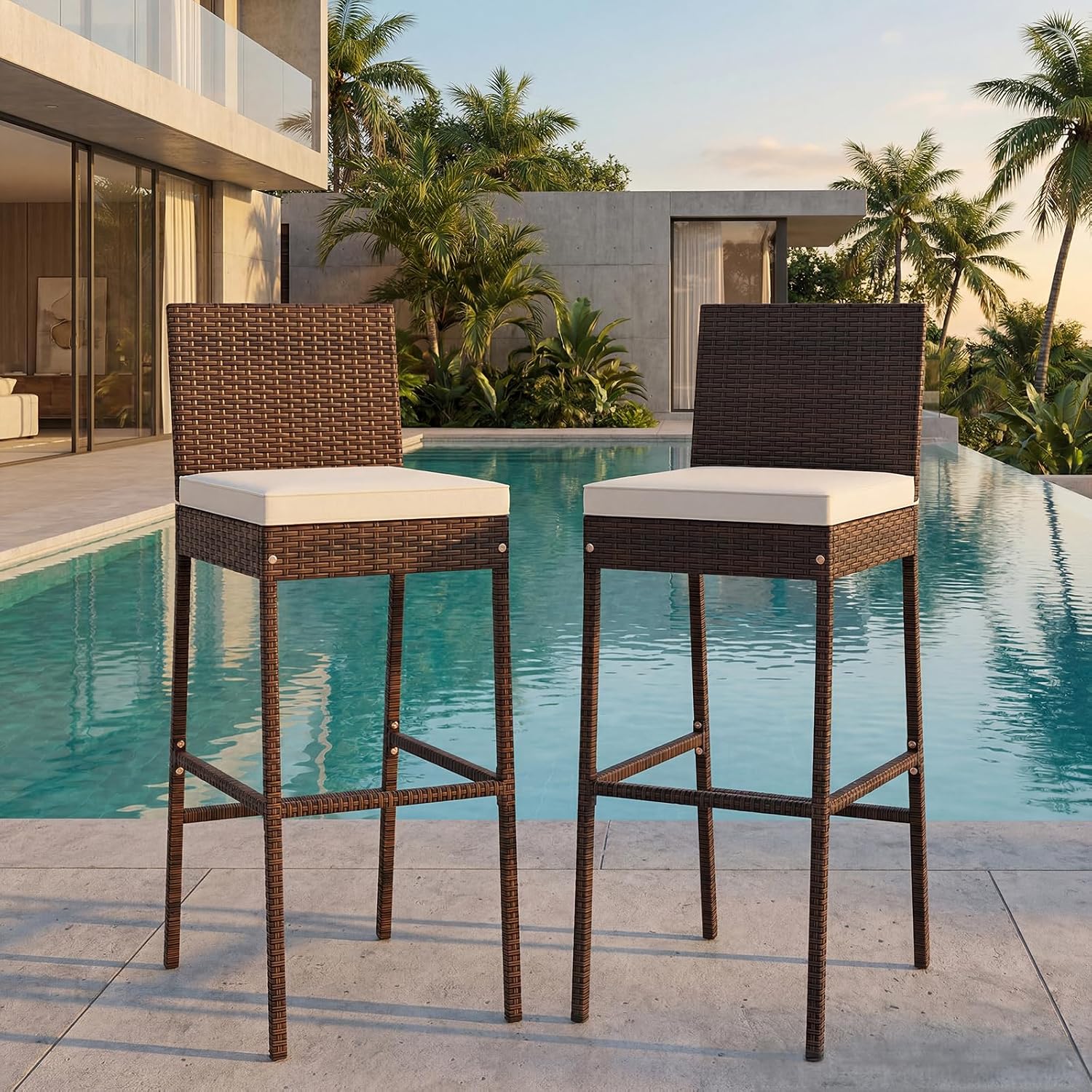 HAPPYGRILL Wicker Patio Barstools Set of 4, Outdoor Rattan Bar Chairs with Footrest & Backrest, Armless High Top Chairs with Seat Cushions for Backyard, Balcony