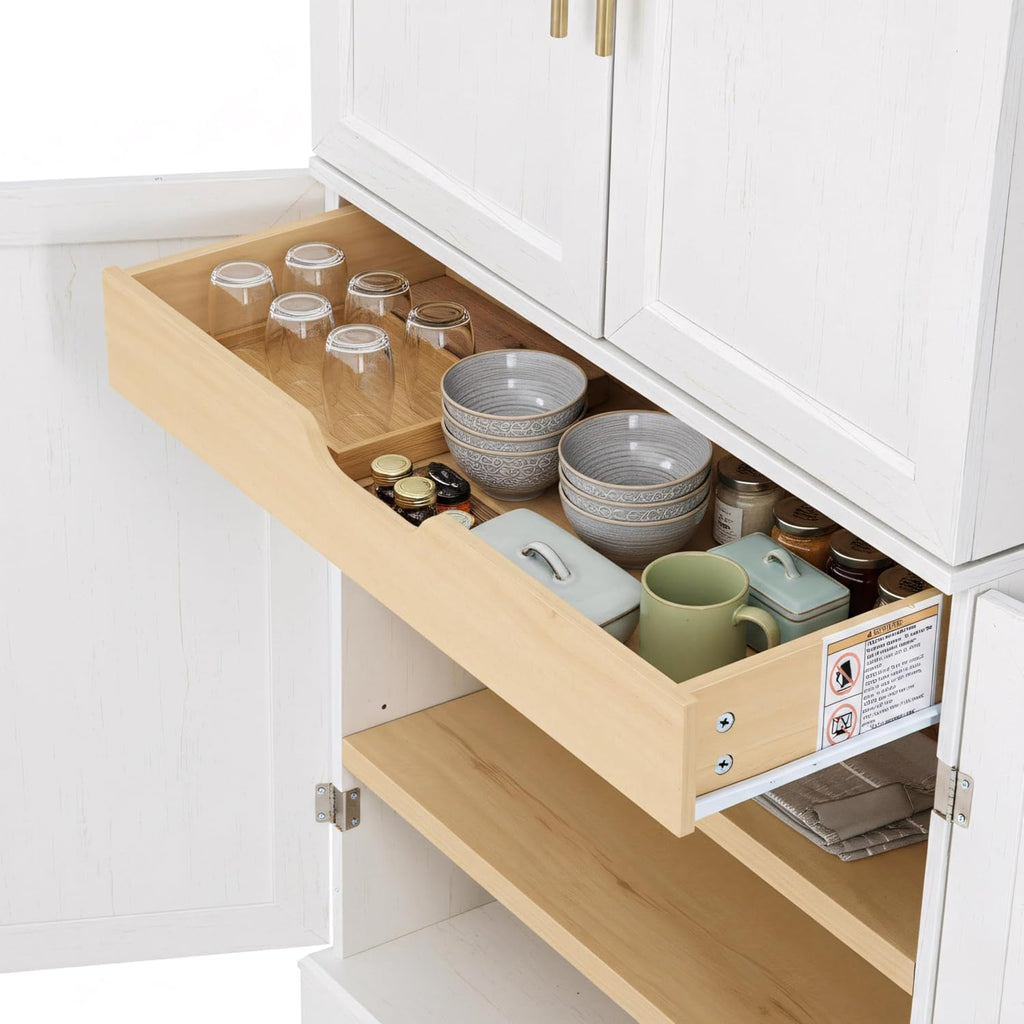 78.2" Tall Farmhouse Kitchen Pantry Cabinet with 8 Door Shelves,Storage Cupboard with 4 Adjustable Shelves,Hidden Drawer,Wine Rack,for Dining & Bathroom (White-G)