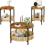 AWQM 3 Pieces Coffee Table Set for Living Room, 2 Tier Round Rattan Coffee End Side Table, Boho Living Room Table Set with Metal Frame for Bedroom Office