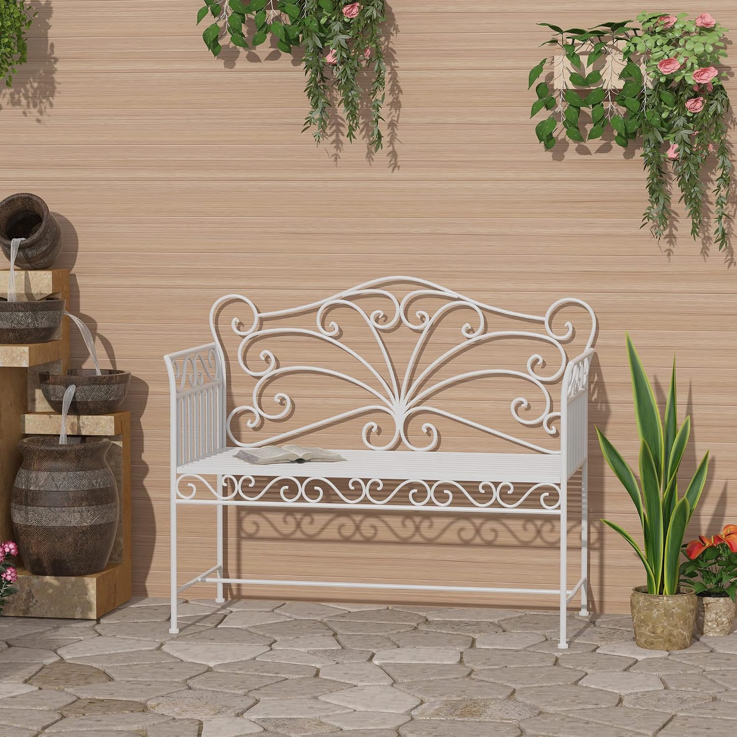 Garden Bench, 43" Cream White Metal Outdoor Patio Bench Park Bench with Armrests, Porch Bench Seat for Backyard Poolside Lawn Garden Deck Seating