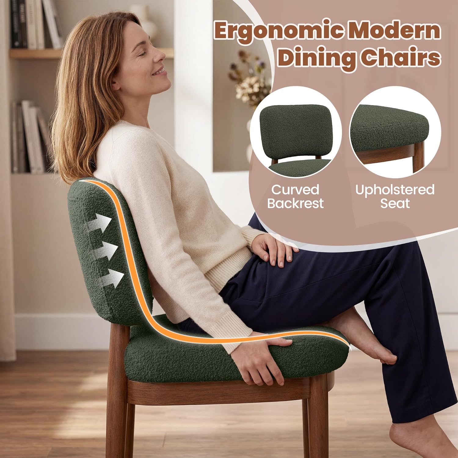 Wooden Dining Chairs Set of 4, Boucle Upholstered Kitchen Chairs with Solid Wood Legs, Mid Century Modern Dining Chairs, Farmhouse Side Chair with Hardwood Frame for Dining Room, Green