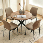37" Round Dining Table Set for 4, Mid Century Modern Small Coffee Set for Dining Room Kitchen Apartment (Walnut Table + 4 PU Leather Beige Chairs)