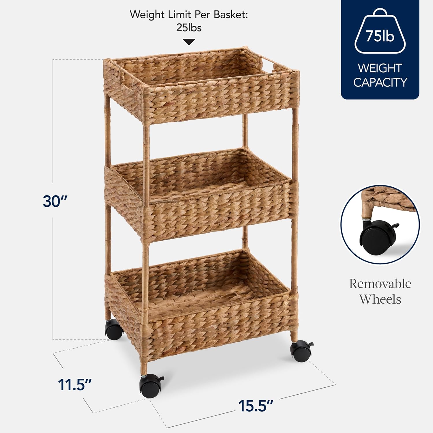 Best Choice Products 3-Tier Water Hyacinth Rolling Nursery Caddy w/Wheels, Utility Cart, Storage Organization for Bathroom, Craft Room, Laundry Room - Chestnut