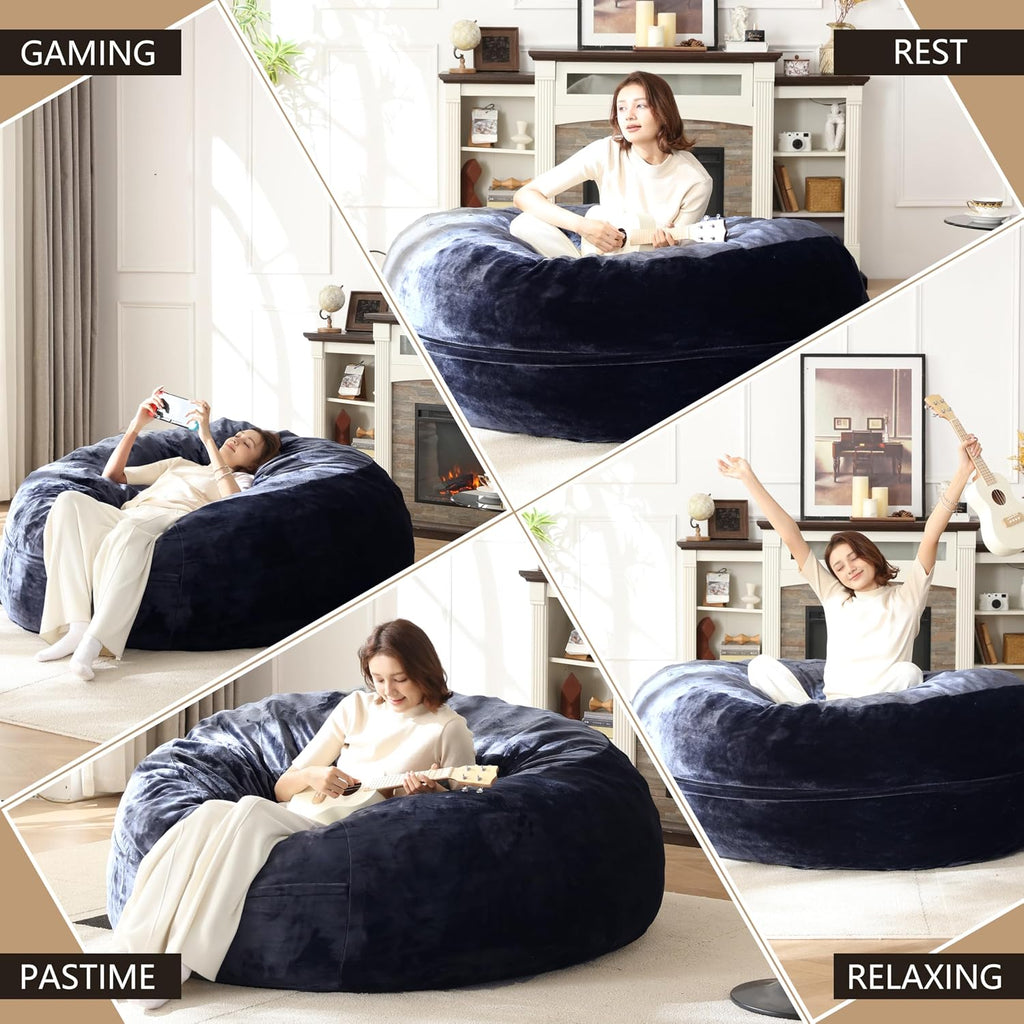 Bean Bag Chair for Adults Soft Comfy Bean Bag for Adults, Cozy Reading Chair, Large Round Bean Bag Couch, Versatile Living Room & Bedroom Chairs (Blue, 5FT)