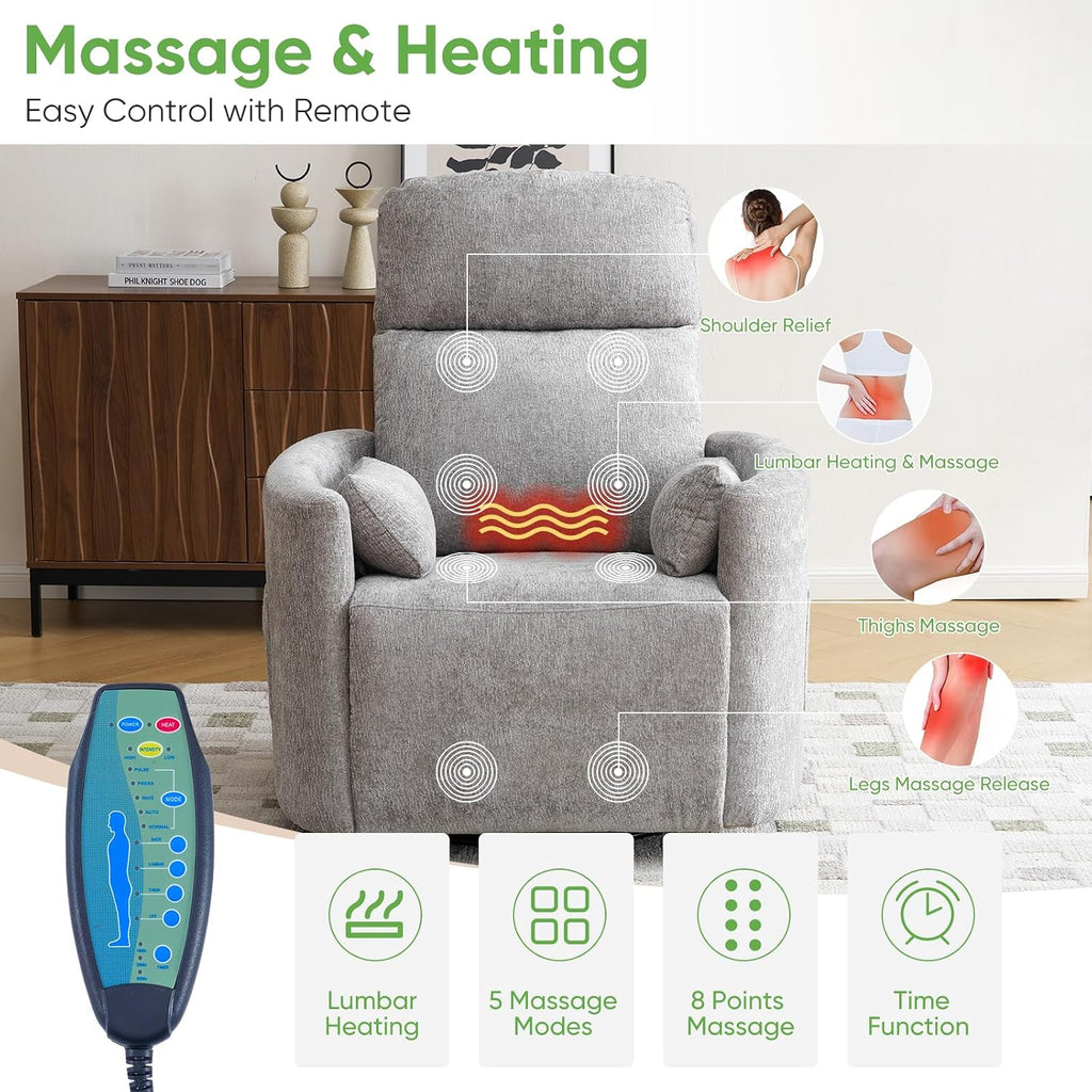 Oversized Power Recliner with Massage and Heat, Swivel Rocker Recliner with Adjustable Headrest, Glider Recliner Nursery Chair with 2 Pillows, rocking nursery recliner for Living Room,Light Grey