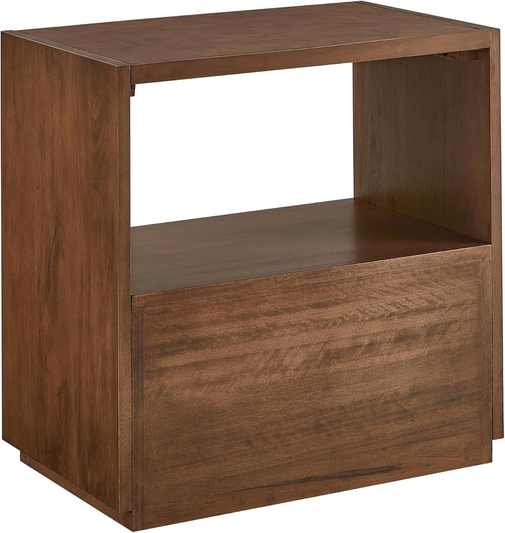 Vegan Leather Top Nightstand or End Table with Two Drawers and Open Shelf, Modern Plinth Base for Bedroom Living Room or Entryway