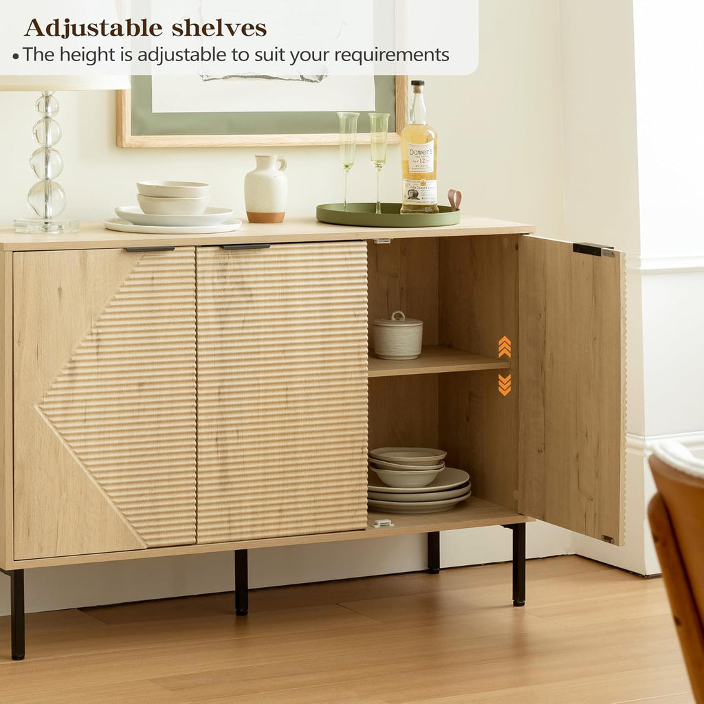 Buffet Cabinet with 3 Fluted Doors, Large Coffee Bar Table, Wooden Storage Cabinet, Modern Farmhouse Sideboard Credenza for Dining Room, Kitchen, Living Room, 15.35"x45.98"x31.5", White Oak