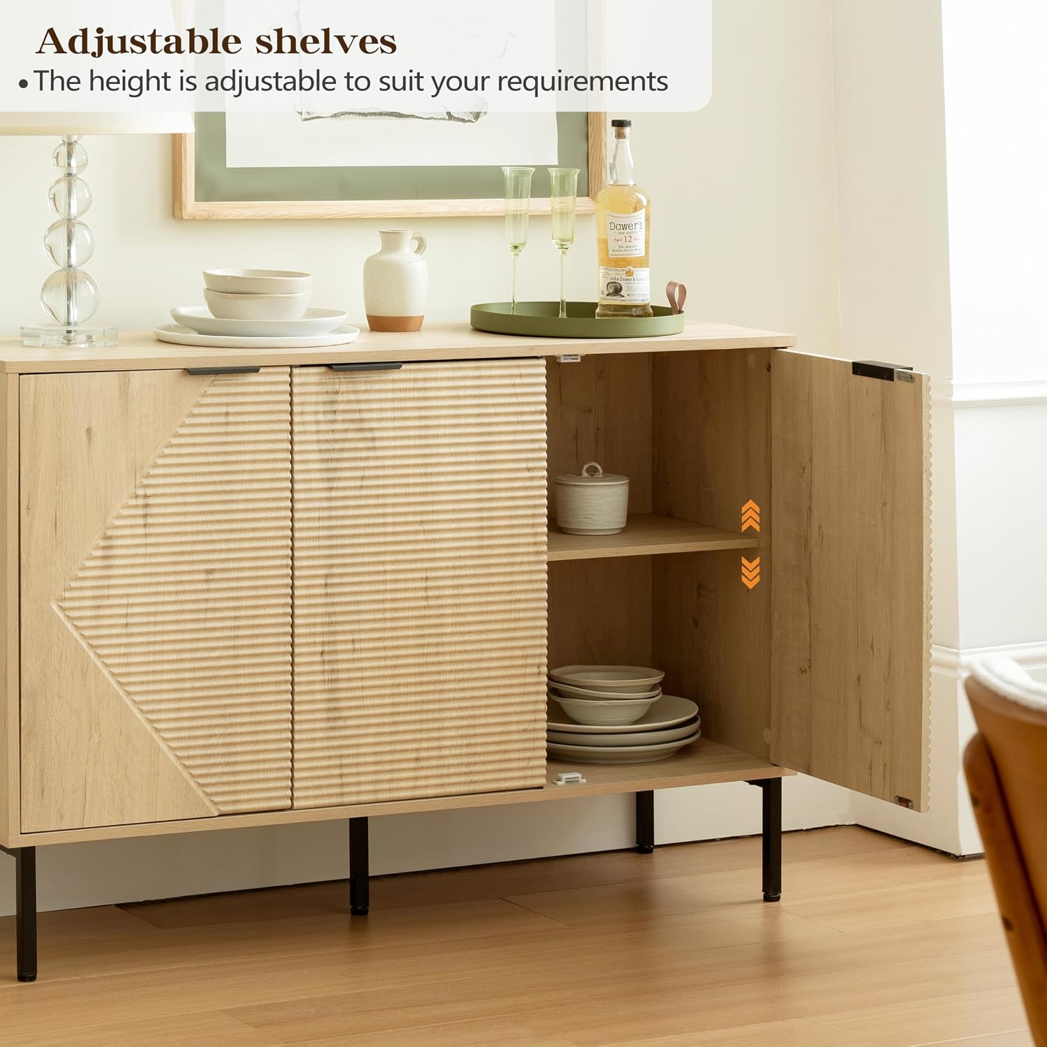 Buffet Cabinet with 3 Fluted Doors, Large Coffee Bar Table, Wooden Storage Cabinet, Modern Farmhouse Sideboard Credenza for Dining Room, Kitchen, Living Room, 15.35"x45.98"x31.5", White Oak