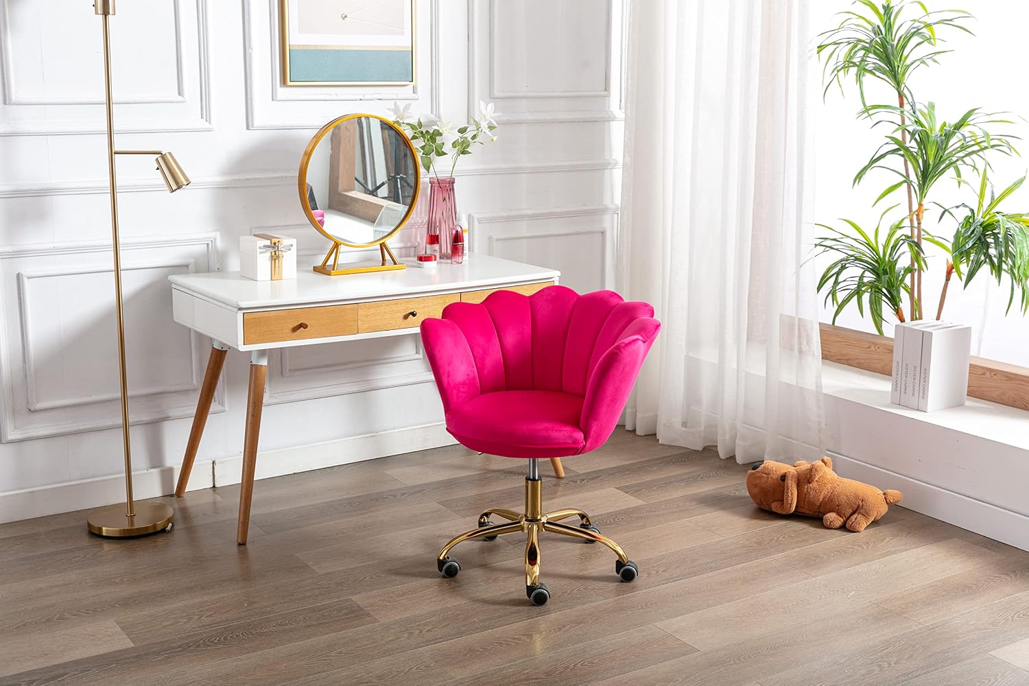 Comfy Home Office Task Chair with Wheels, Cute Modern Upholstered Velvet Seashell Back Adjustable Swivel Vanity Desk Chair, for Women, for Girls,Living Room (Rose red)