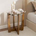 GOFLAME Glass End Table, 24” Round Sofa Side Table with Solid Rubber Wood Frame, Tempered Glass Top, Cross Base, Modern Circle Coffee Table for Living Room, Bedroom, Apartment, Walnut