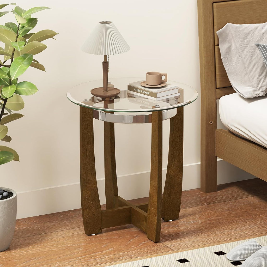 Giantex Round Glass End Table Set of 2, 24’’ Side Table with Tempered Glass Top, Nightstands with Cross & Solid Rubber Wood Base, Compact Bedside Night Stand for Bedroom Office Living Room (2, Walnut)