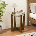 Giantex Round Glass End Table Set of 2, 24’’ Side Table with Tempered Glass Top, Nightstands with Cross & Solid Rubber Wood Base, Compact Bedside Night Stand for Bedroom Office Living Room (2, Walnut)