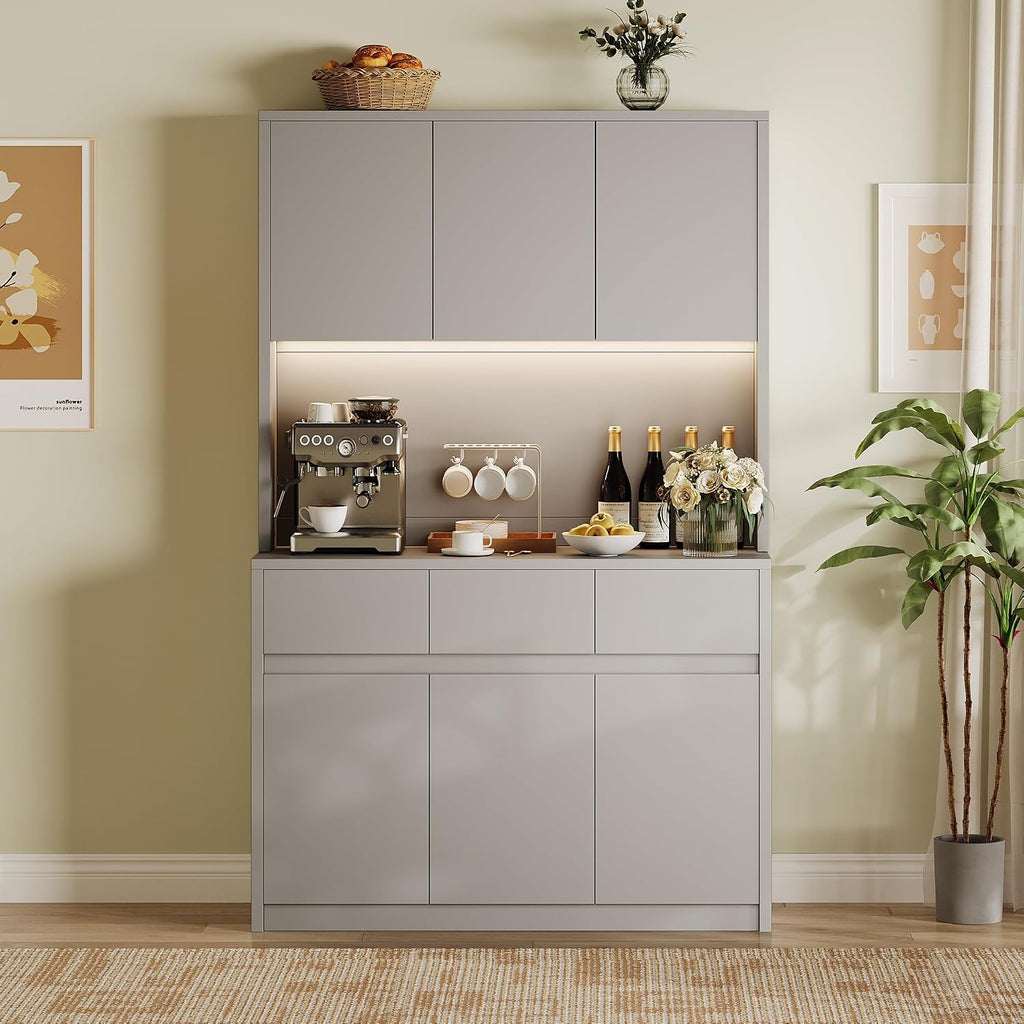 Garvee Kitchen Pantry Cabinet,71 in Tall Storage Cabinet with Doors&Shelves Adjustable, Kitchen Storage Hutch with Microwave Shelf, Led Lights&Charging Station,Corner Pantry Cabinet