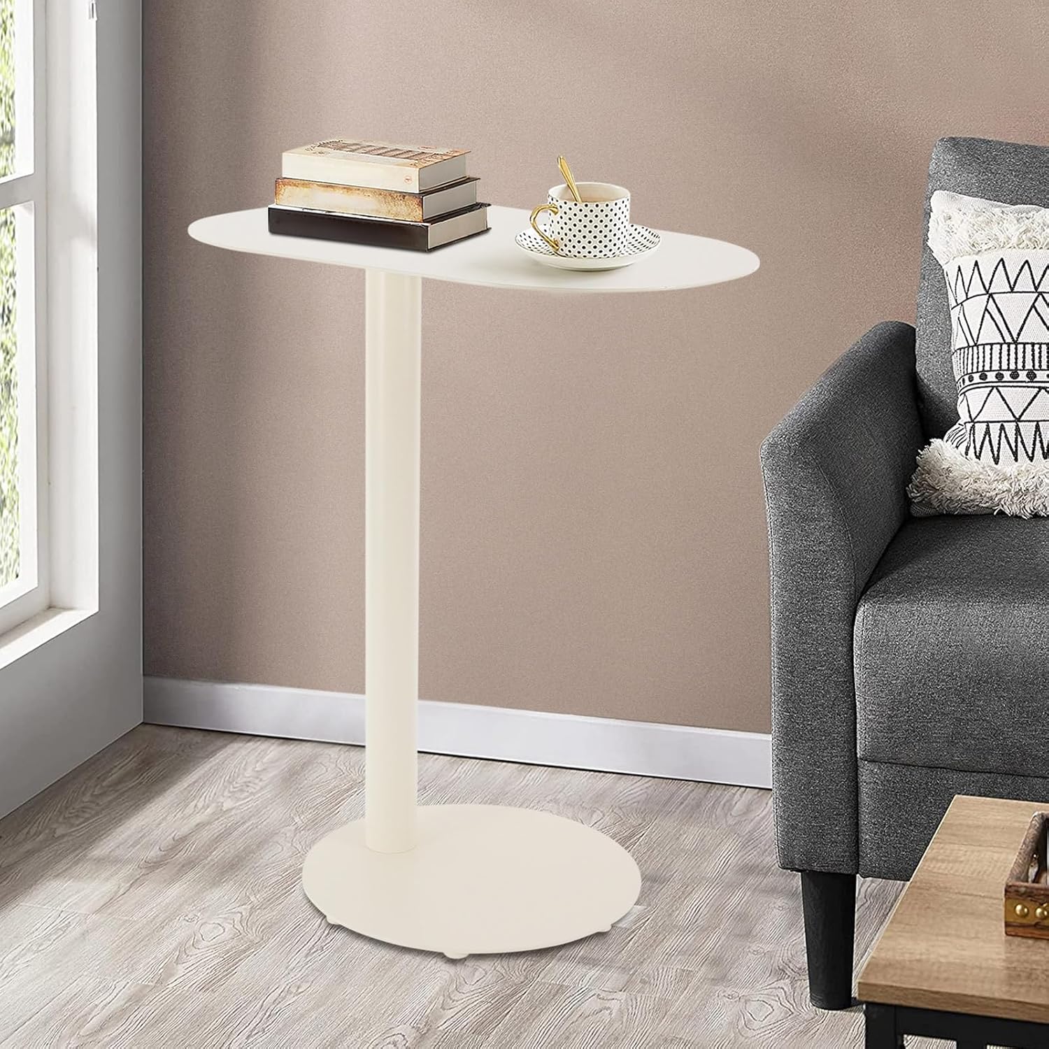 C-Shaped End Table, Metal Side Table for Couch Sofa and Bed, Small Modern Side Tables for Living Room Bedroom, Cream White