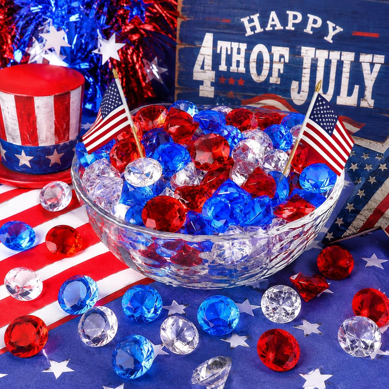 200 Pcs Fake Diamonds Blue Red Clear 3/4 Inch Acrylic Gems Independence Day 4th of July Patriotic Decor Aquarium Fish Tank DIY Craft Vase Fillers for Table Centerpieces Memorial Day Decor
